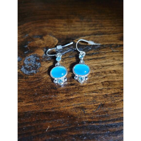 Blue Oval Gem Stone Dangly Drop Fashion Jewelry Earrings Silvertone Hardware - Picture 2 of 3